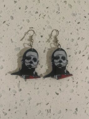 Michael Myers Halloween Graphic Dangle Earrings in Black, White & Red